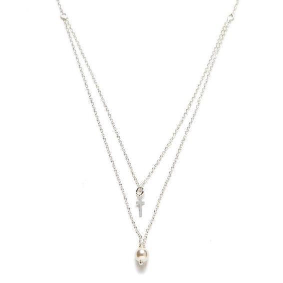 Colar Duplo Cruz e Pérola Swarovski - Miss Prata